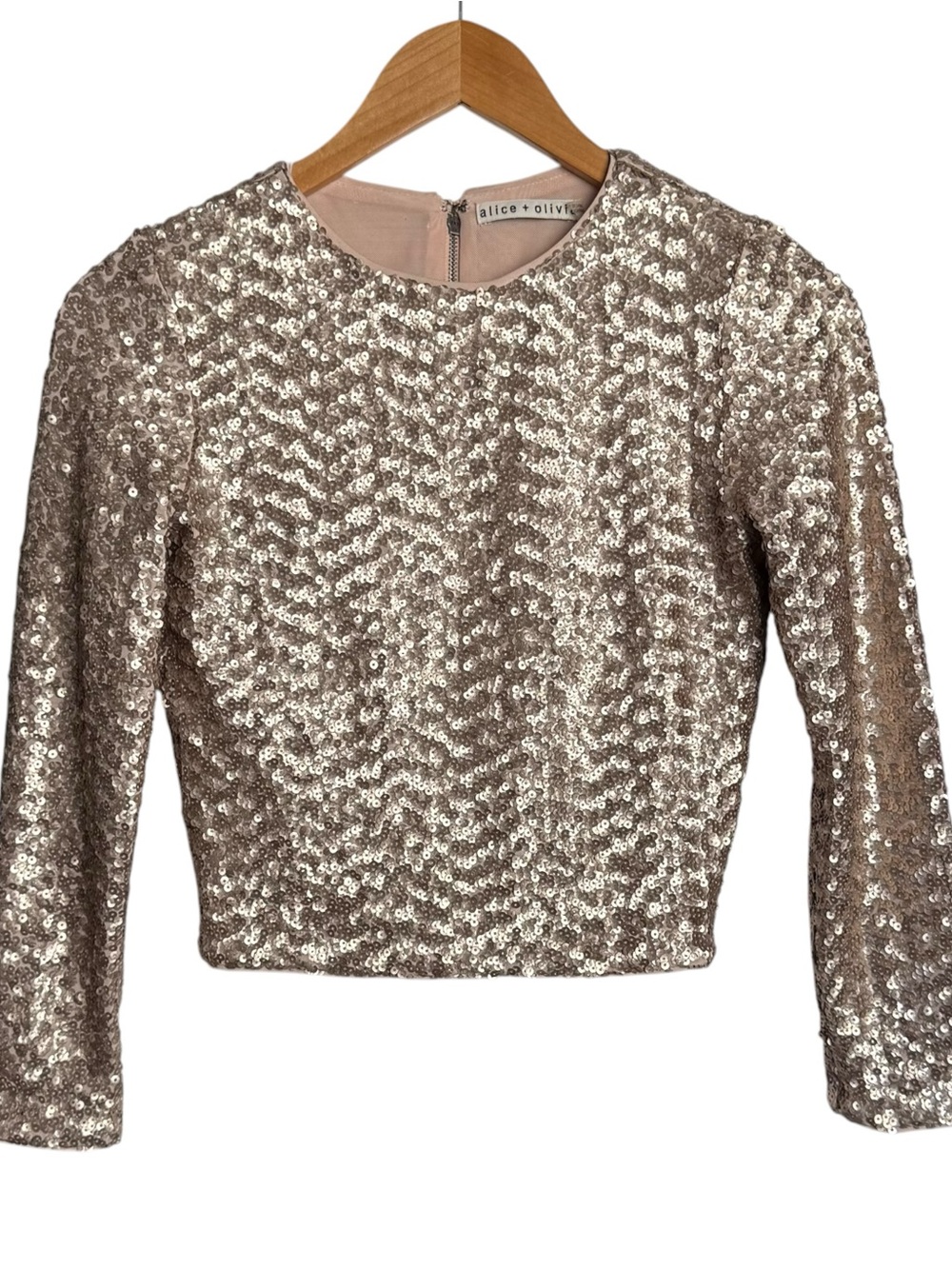 Alice + Olivia Sequin Cropped Top Pencil Midi Skirt Set Size 2 Champagne Gold - Picture 3 of 15